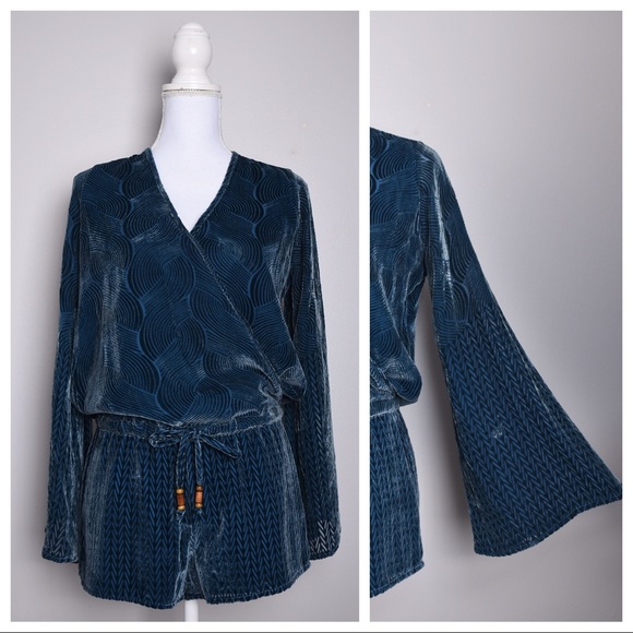Chasor Other - Chasor Velvet Silk Wrap Front Bell Sleeve Romper